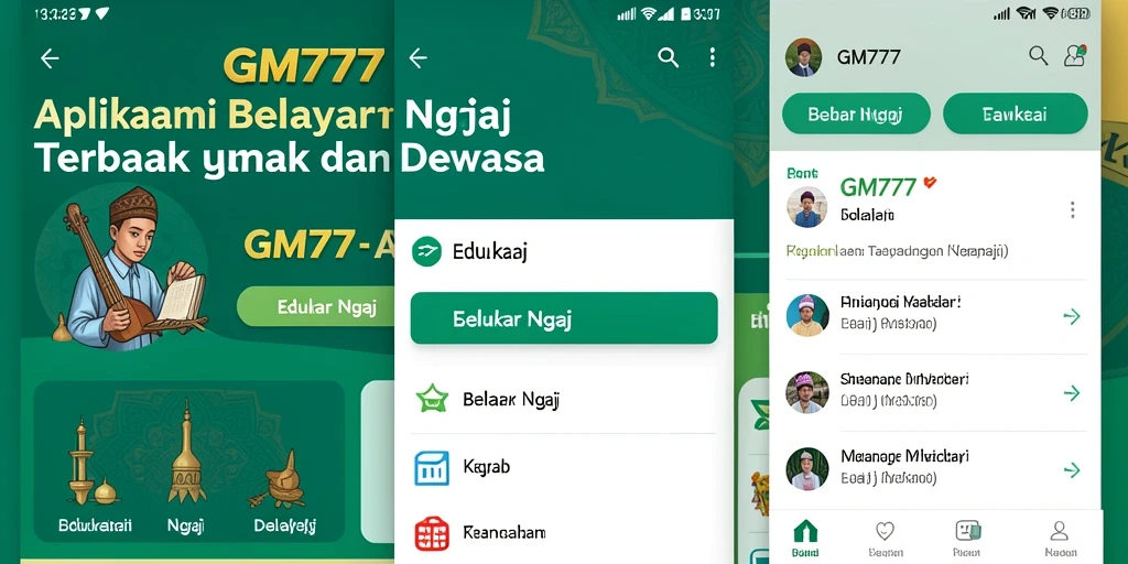 Tampilan antarmuka aplikasi GM777 yang menarik untuk belajar Ngaji.