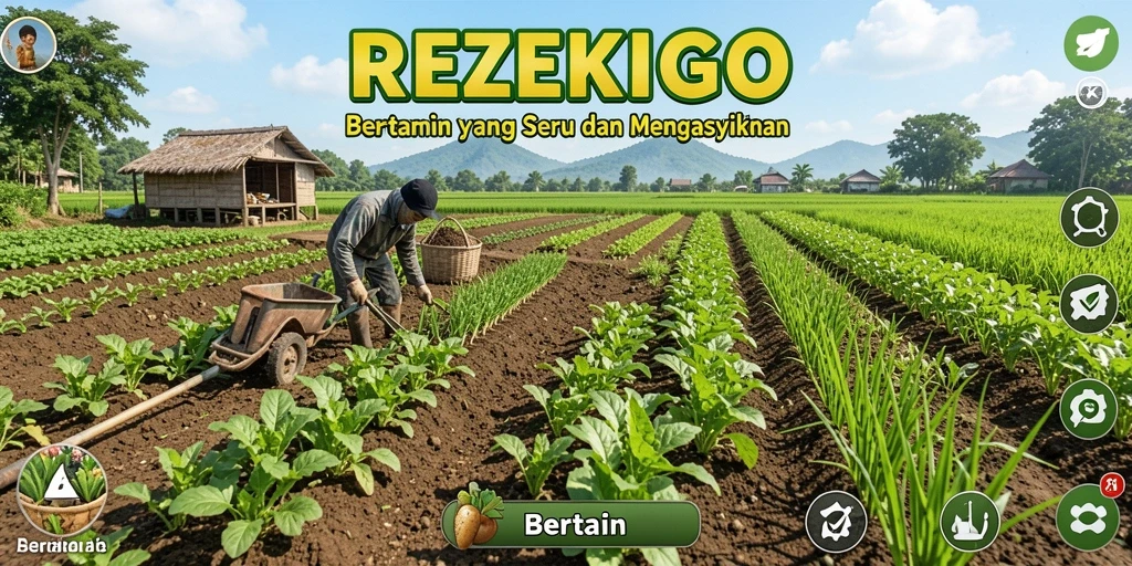 Antarmuka REZEKIGO menampilkan ladang subur dan alat pertanian yang menarik.